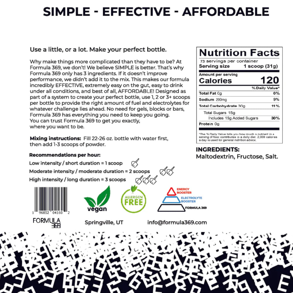 Formula 369 unflavored powder tub with scoop enabling flexible carb loading.