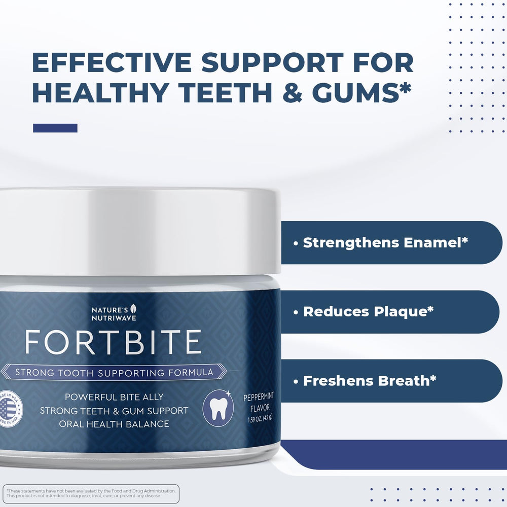 FortBite ingredients: Bentonite clay, Kaolin clay, calcium carbonate, cinnamon, clove, peppermint, ginger, lemon peel, myrrh, stevia