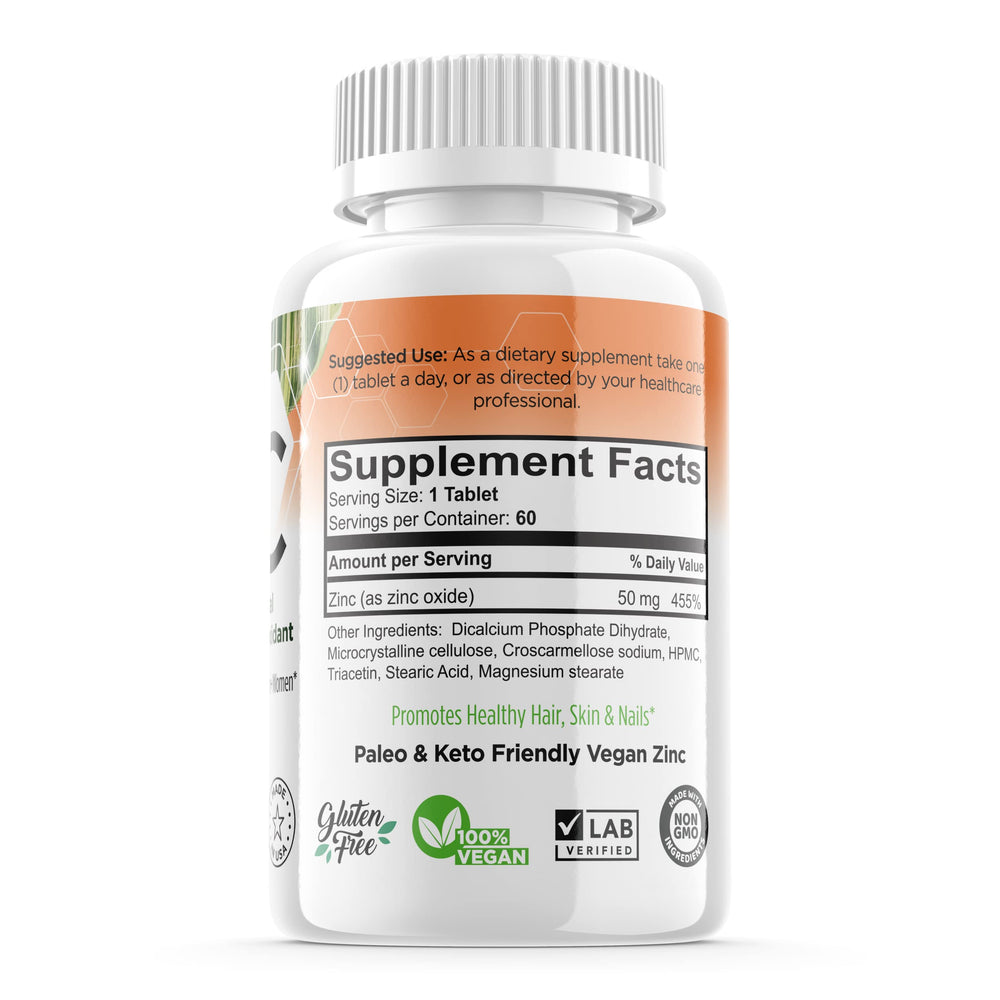 Back panel of Forte Naturals Zinc 50mg bottle with supplement facts