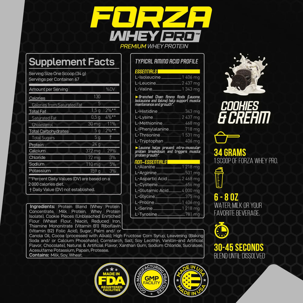 Forzagen Whey PRO Cookies & Cream powder with scoop