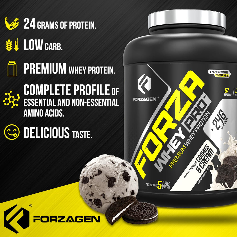 Shaker with Forzagen Whey PRO Cookies & Cream powder and glass