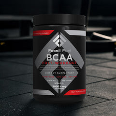 Zero sugar and gluten-free packaging label on Fossil Fuel BCAA Powder