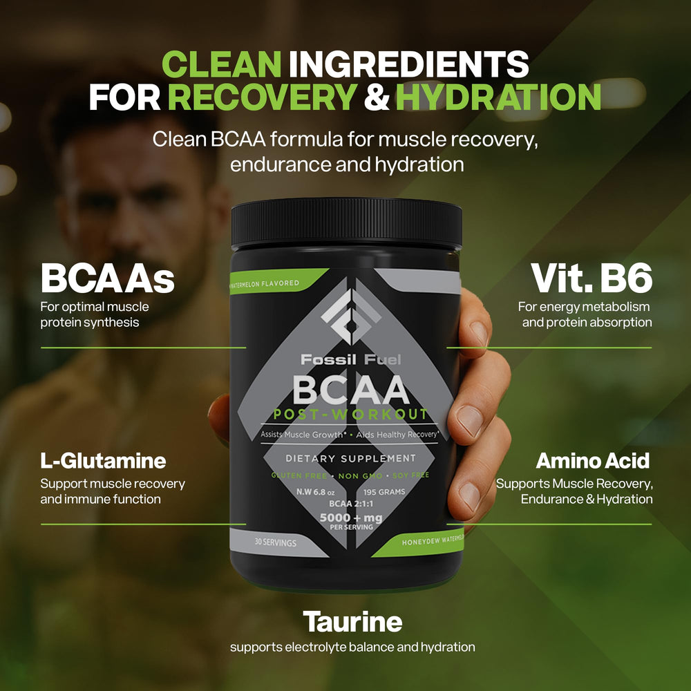 Close-up of Fossil Fuel BCAA powder bottle