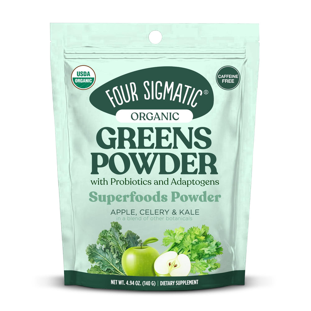 Front view of Four Sigmatic Organic Greens Powder container