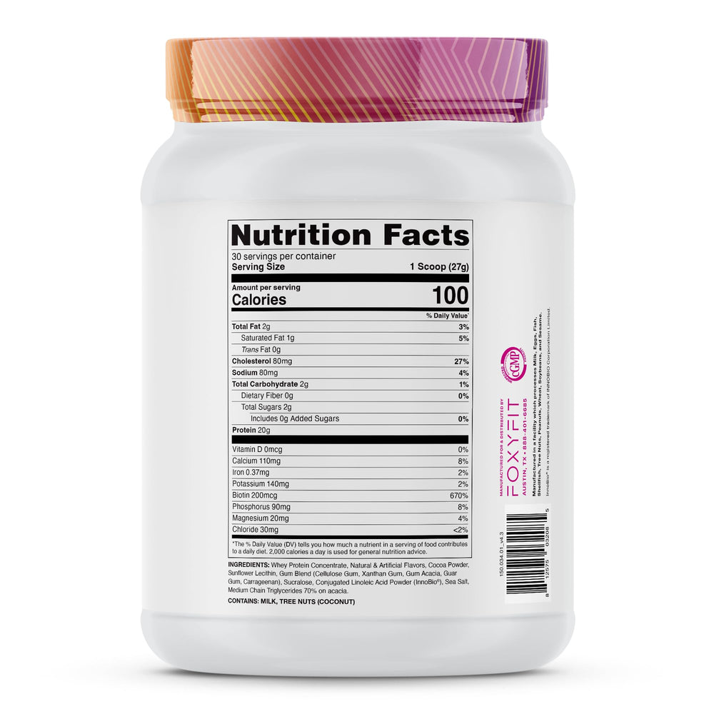 FoxyFit Protein for Her biotin and CLA label close-up emphasizes nourishing ingredients