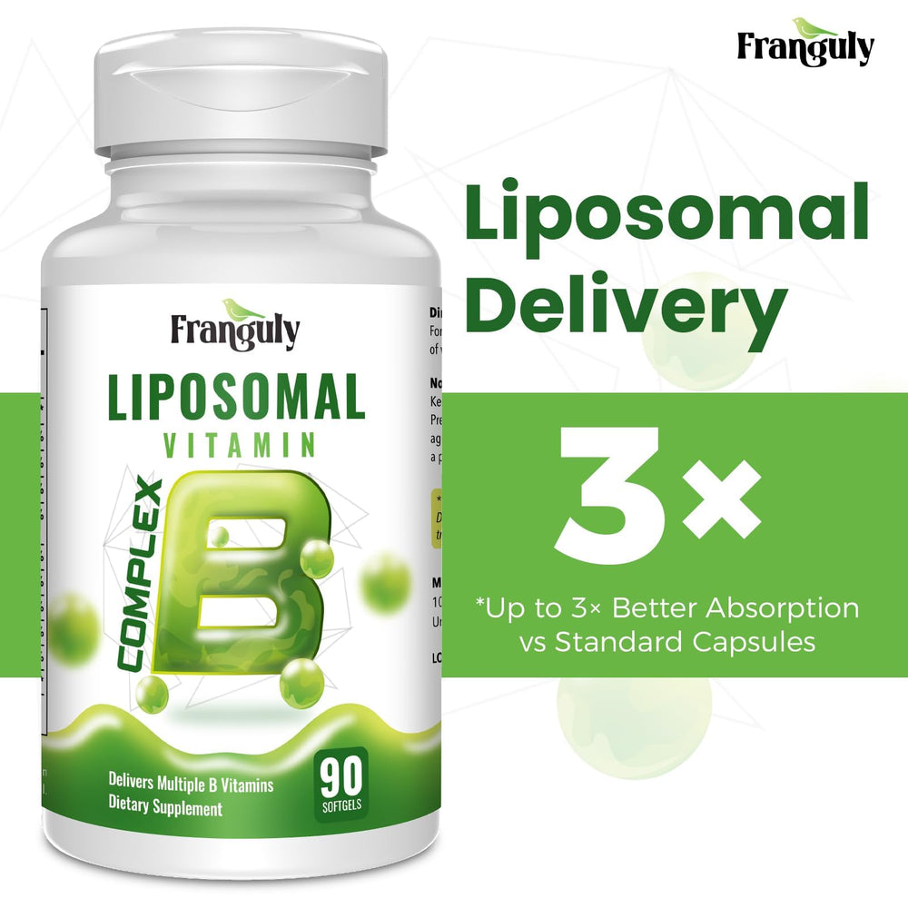 Franguly Liposomal B Complex label with vegan and non-GMO icons