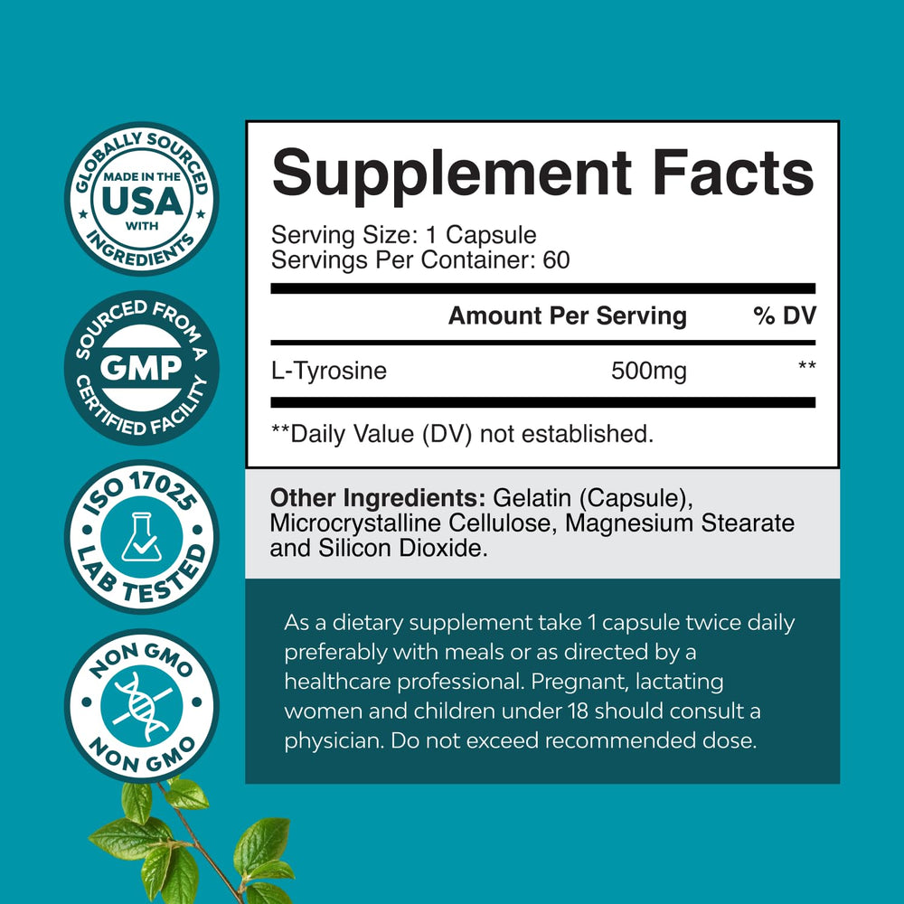 Close-up of L-Tyrosine 500mg capsules