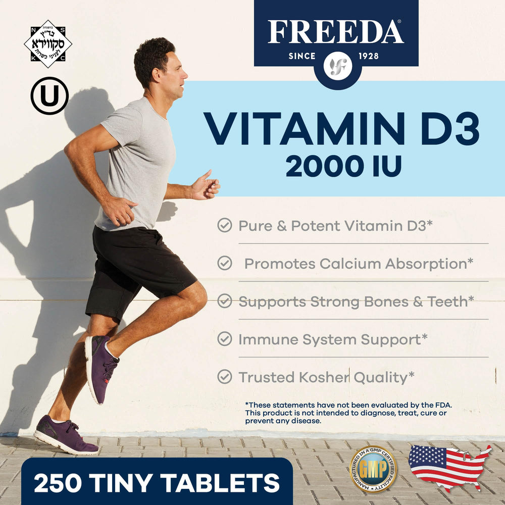 Close-up view of Freeda D3 2000 IU tiny tablets