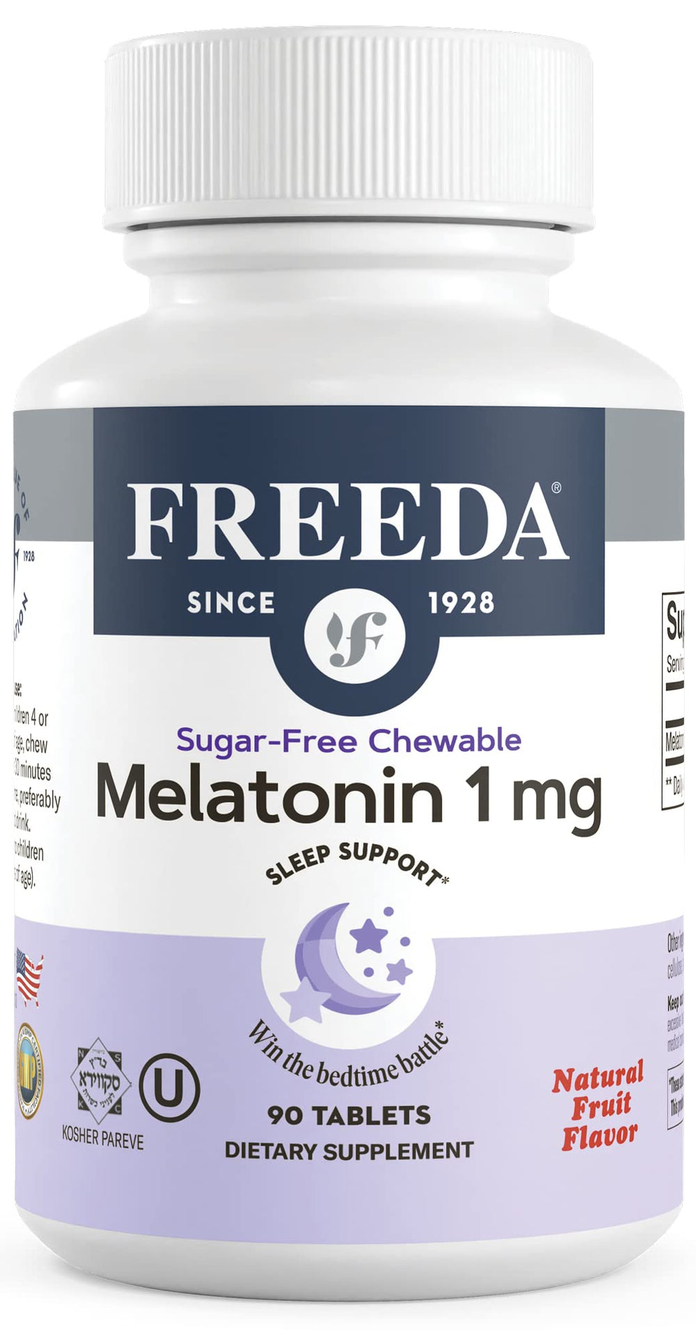 FREEDA Melatonin 1 mg Sugar-Free Chewable Tablets packaging box and bottle