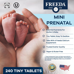 Close-up of two tiny Freeda prenatal tablets