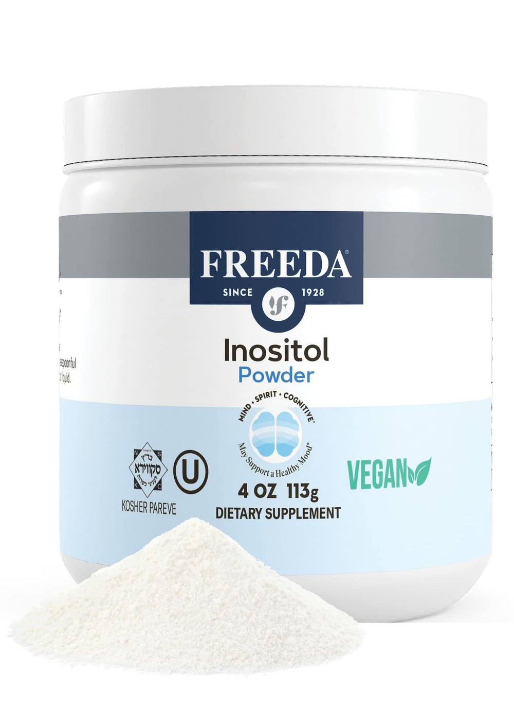 Front view of FREEDA Pure Myo-Inositol Powder 4 oz jar