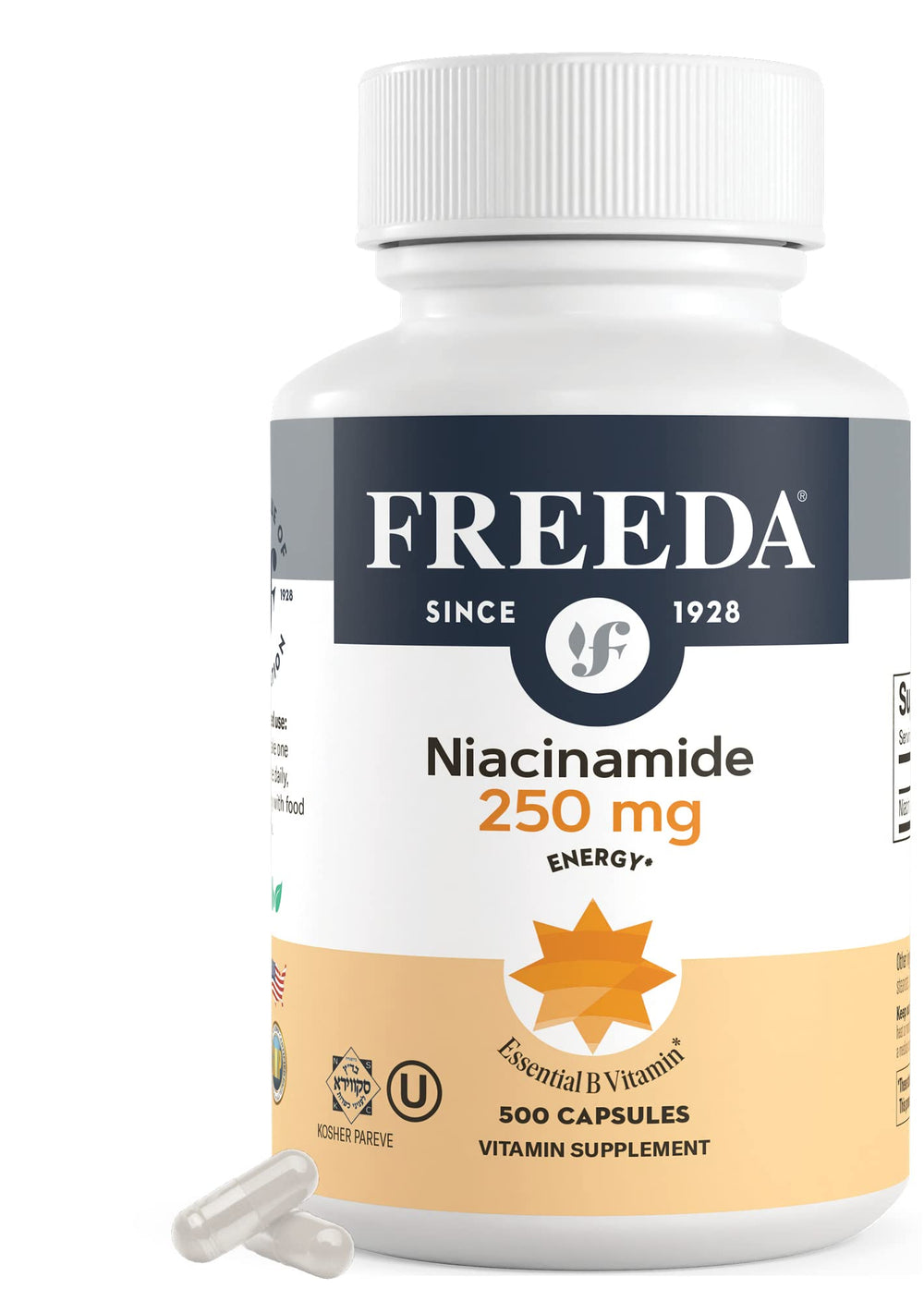 Freeda Niacinamide bottle label featuring Vitamin B3 (Niacinamide) 250 mg