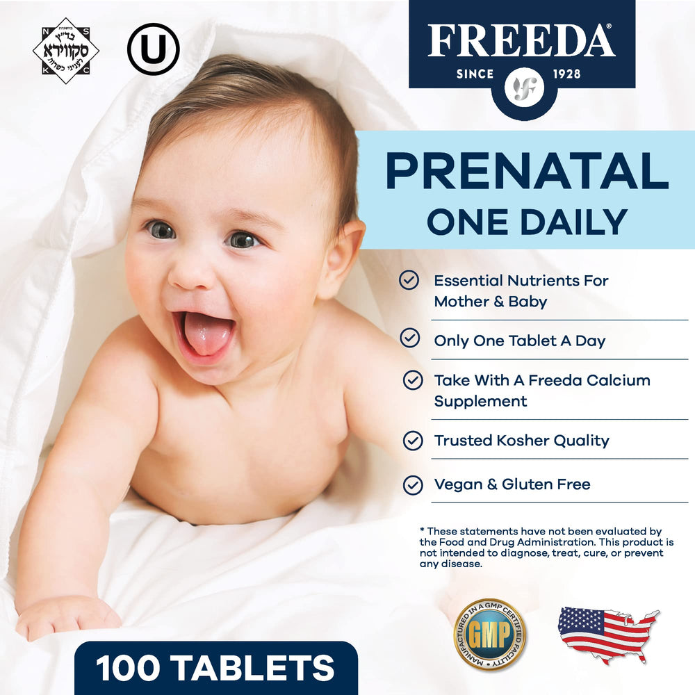 Close-up of FREEDA Prenatal Vitamin bottle label showing kosher certification