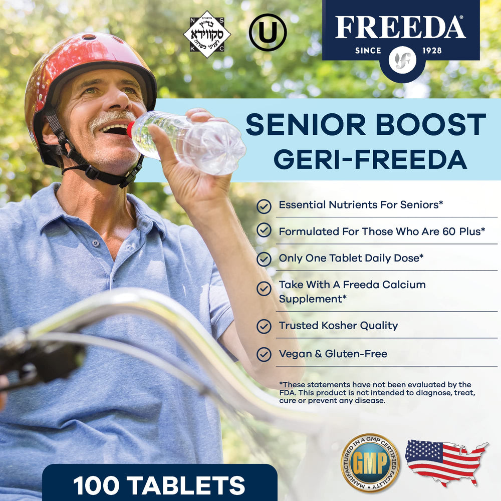 Nutritional facts label and ingredients of Freeda Senior Multivitamin