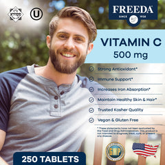 Close up of FREEDA Vitamin C 500mg tablets