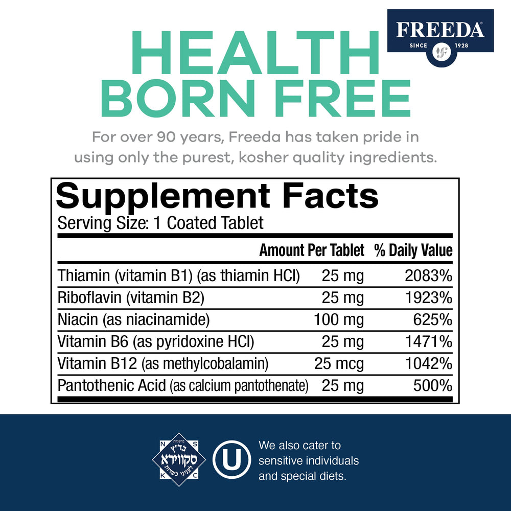 Kosher and vegan certification icons on Freeda B Complex packaging