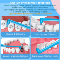 Angled head reaching under braces and between teeth