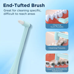 Close-up of end tuft toothbrush head designed for hard-to-reach areas