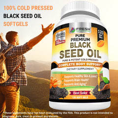 Third-party tested seal on Fresh Healthcare black seed oil capsules