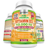 Front view of Fresh Healthcare Vitamin D3 10000 IU bottle with Extra Virgin Olive Oil softgels