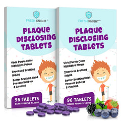 Two 96-count packs of Fresh Knight Tru-Clean Purple Chews plaque disclosing tablets.