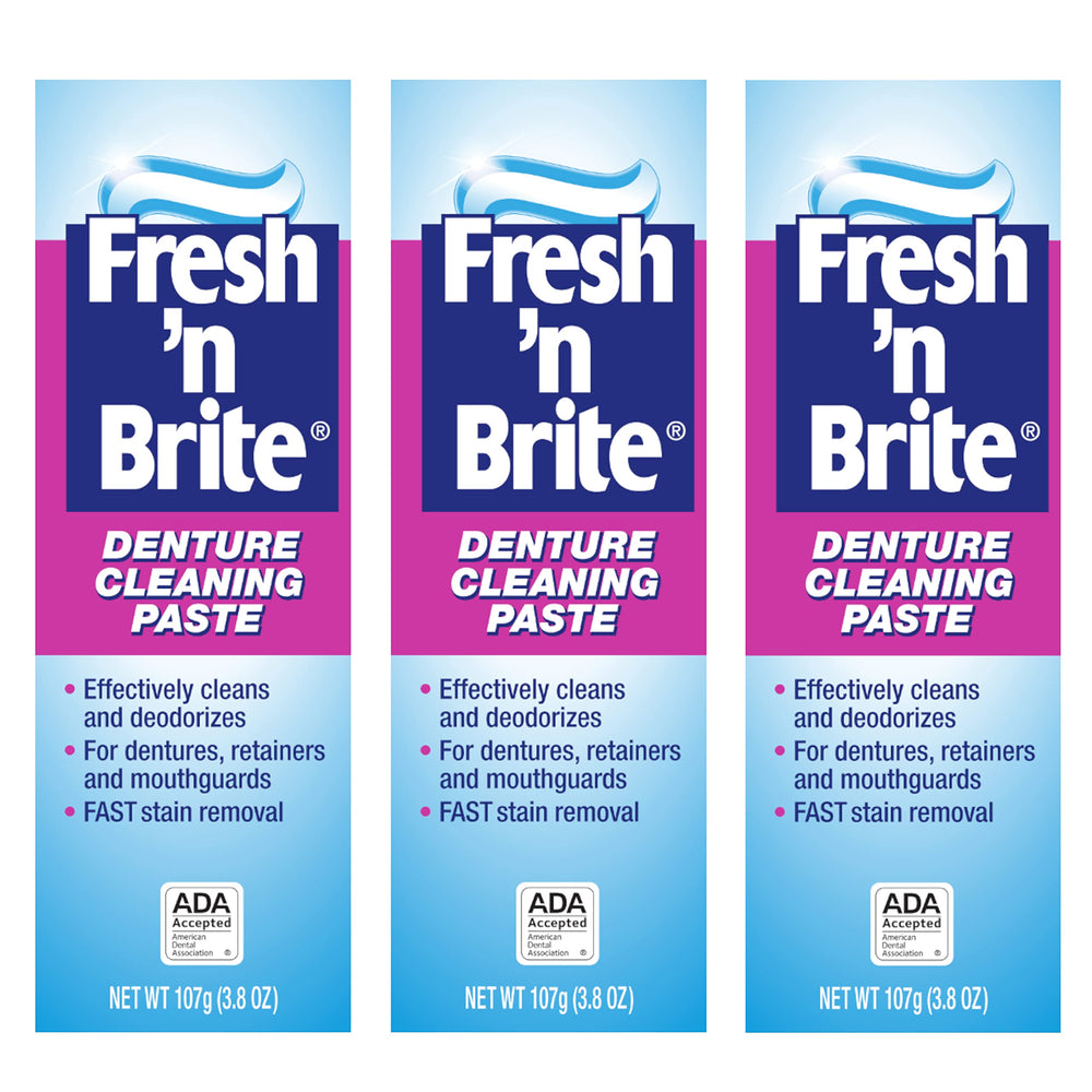 Front view of Fresh 'n Brite Denture Cleaning Paste pack of three 3.8 oz tubes