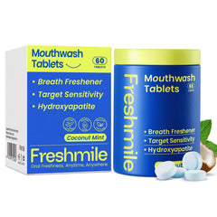 Freshmile travel-size mouthwash tablets in blister pack