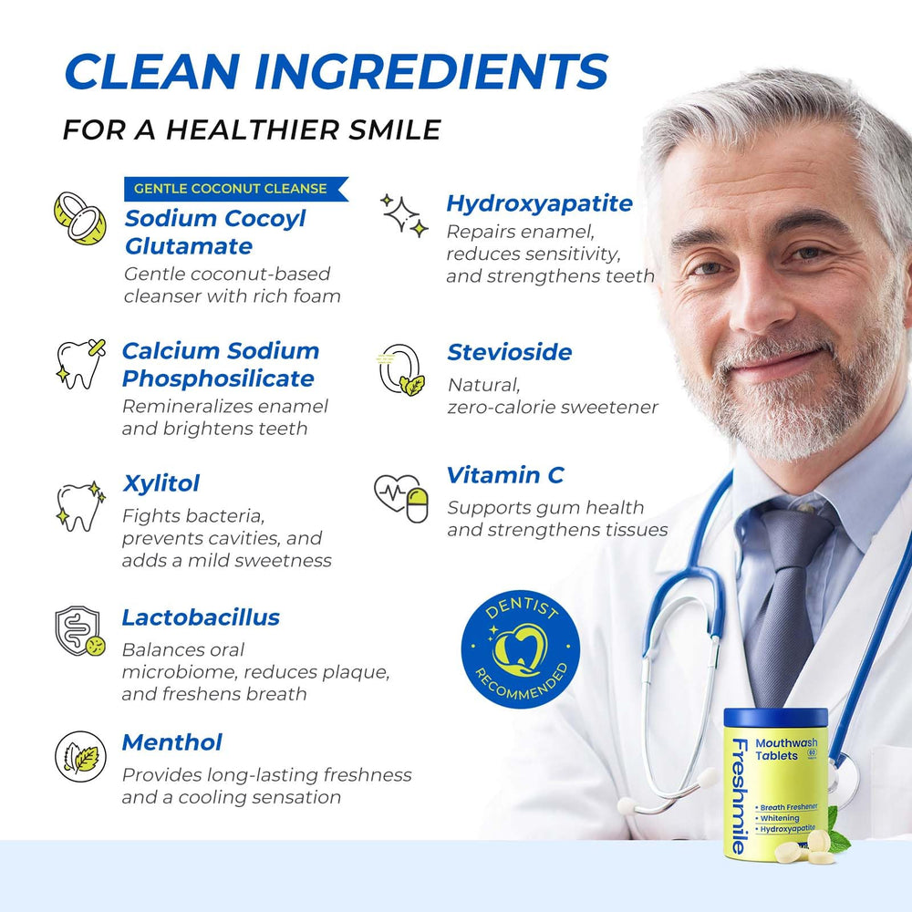 Freshmile bottle and mint flavor mouthwash tablets