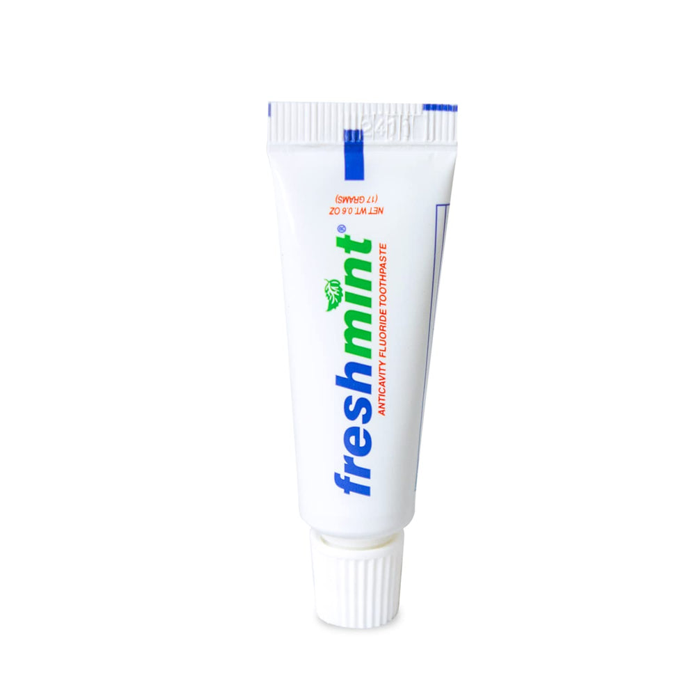 Case of Freshmint toothpaste tubes packaged together without individual boxes