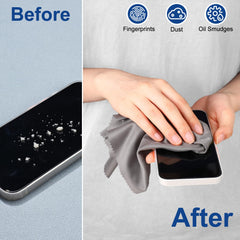 Glasses and camera lens being cleaned with microfiber cloth