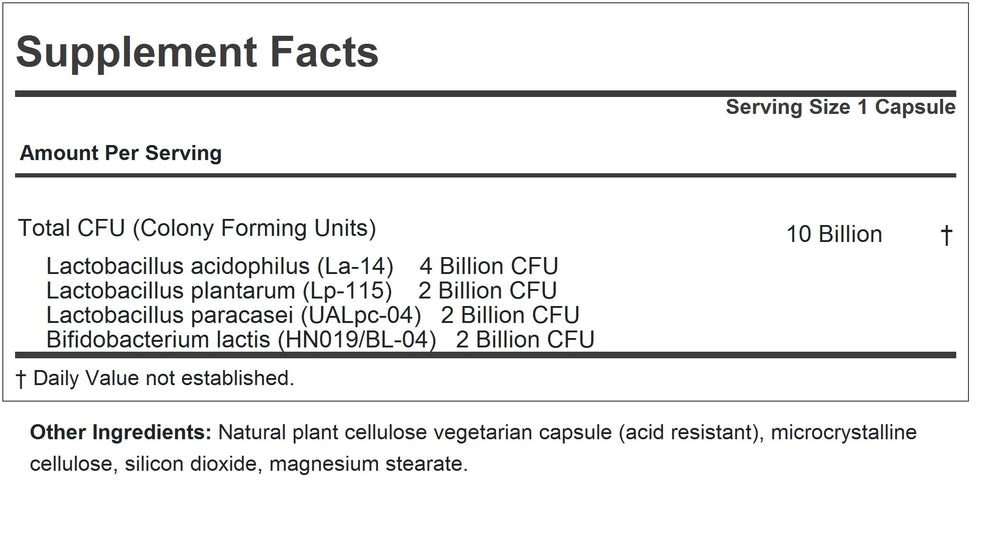 Close-up of a probiotic capsule with 10B CFU label