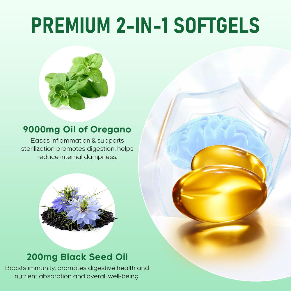 Close-up of 2-in-1 oregano oil and black seed oil softgels