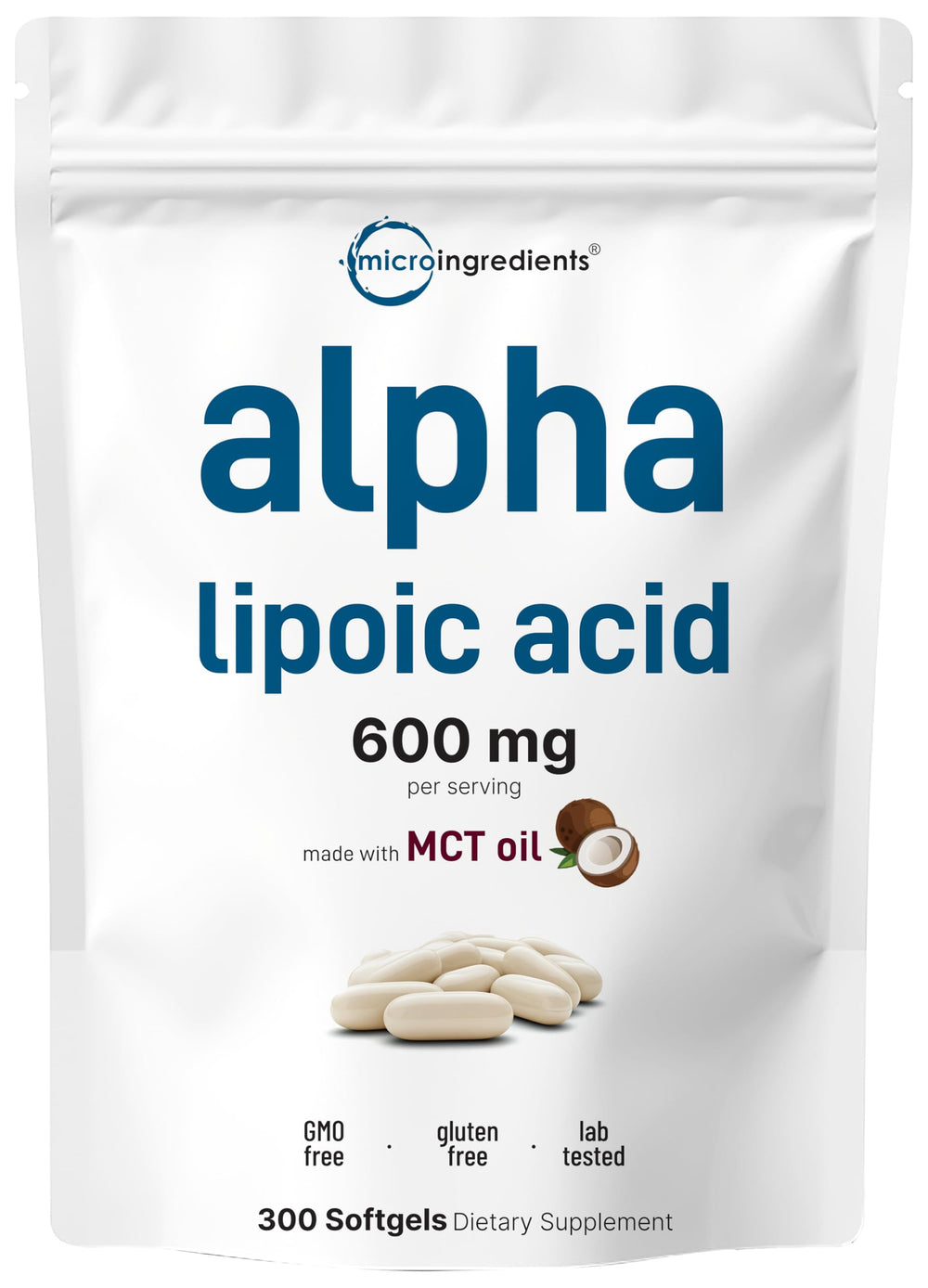 Front label of Micro Ingredients Alpha Lipoic Acid 600mg with MCT Oil, 300 softgels