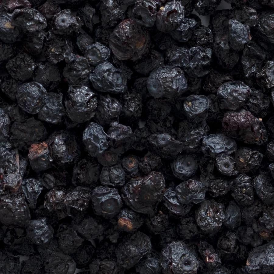Close-up of bilberry berries showing blue-red pigment