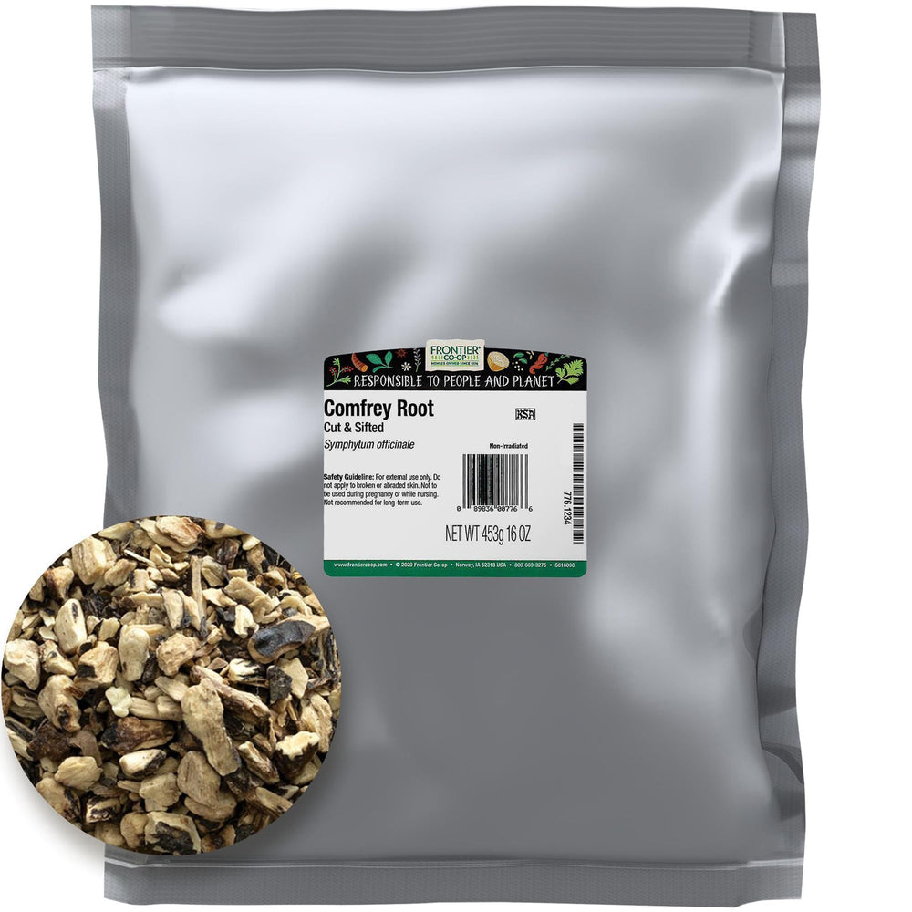 Frontier Co-op dried comfrey root in a 1lb bulk bag - front view