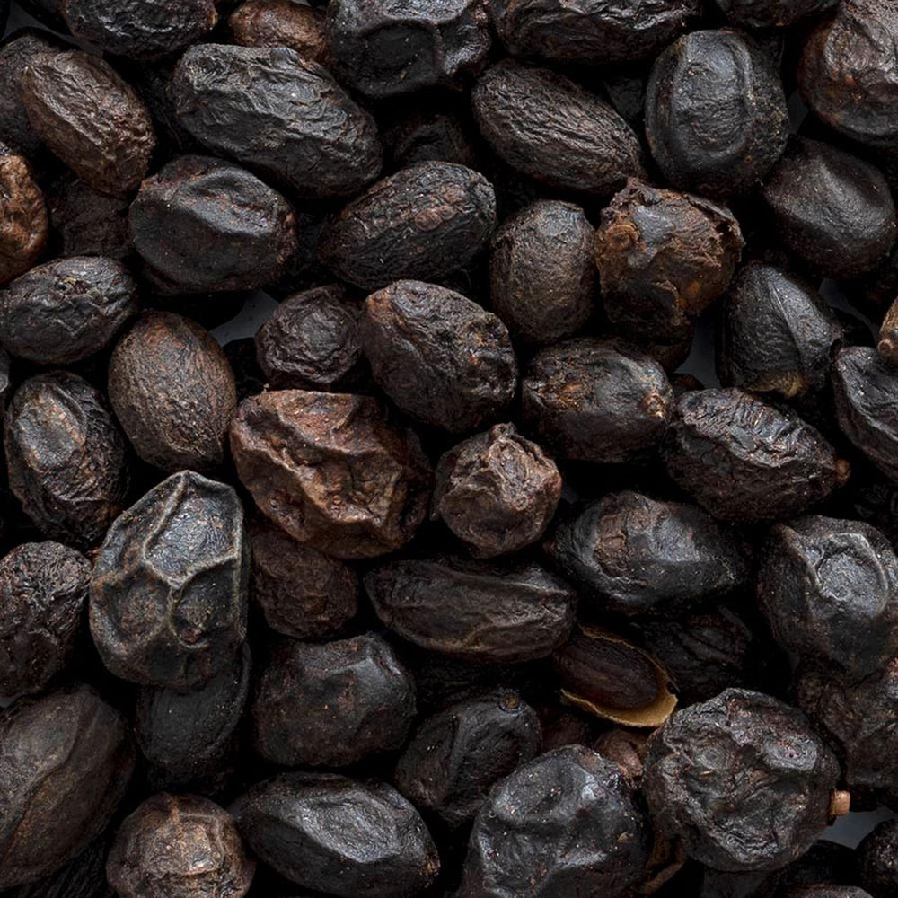 Close-up of dark-purple to black saw palmetto berries rich in fatty acids