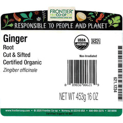 Close-up of Frontier Cut and Sifted Ginger Root in 16 oz packaging