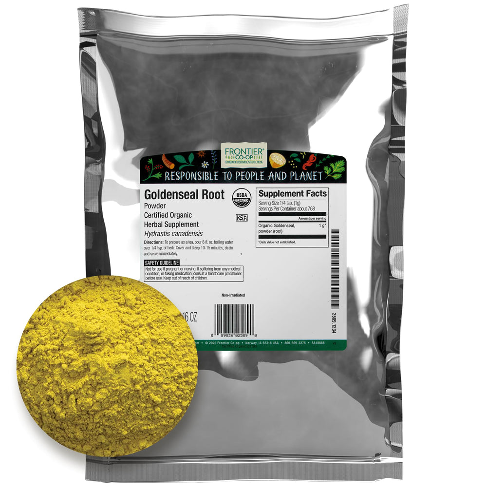 Frontier Co-op Organic Goldenseal Root Powder 4 oz (1/4 lb) finely ground with bright yellow hue, ideal for tea and tinctures.