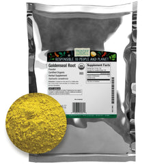 Frontier Co-op Organic Goldenseal Root Powder 4 oz (1/4 lb) finely ground with bright yellow hue, ideal for tea and tinctures.