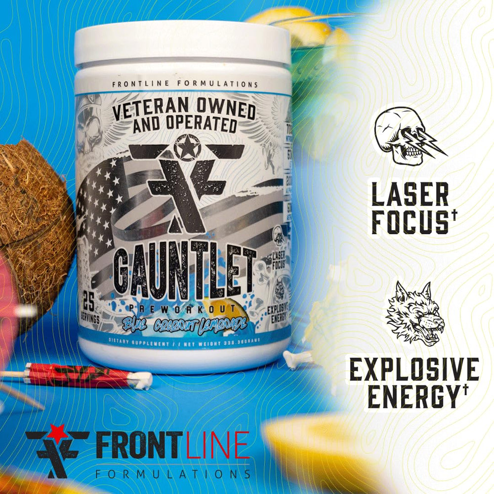 FRONTLINE FORMULATIONS Gauntlet bottle and label highlight veteran-owned branding