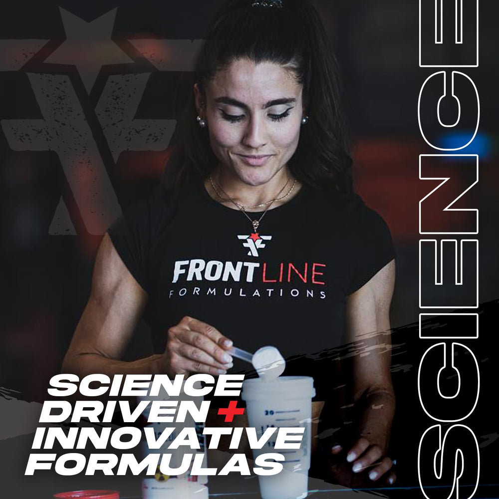 Frontline Formulations brand stand and bottle on counter communicates veteran-owned reliability.