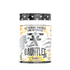 Frontline Formulations Gauntlet tub label demonstrates premium packaging for quick pre-workout access.