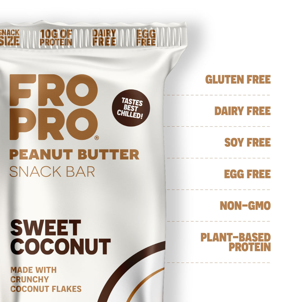 FROPRO coconut bar close-up showing ingredients and free-from features