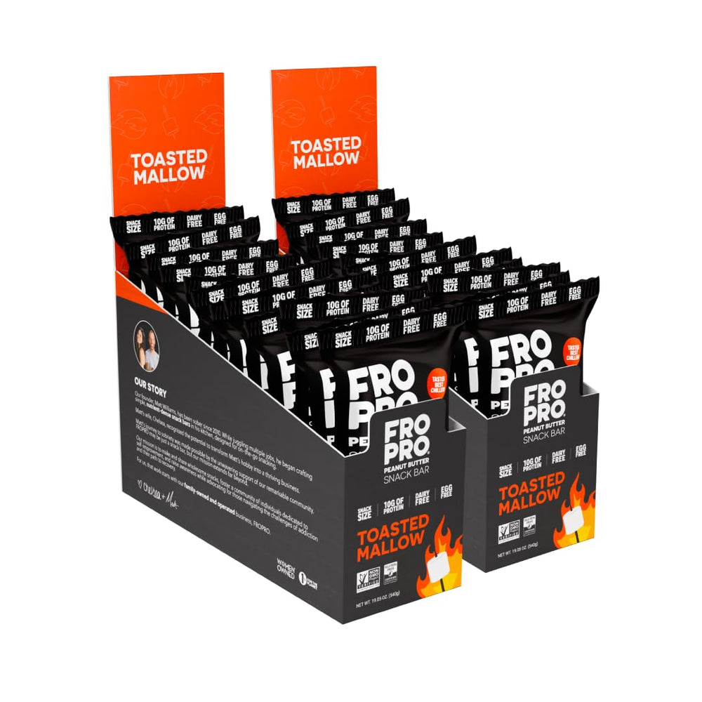 FROPRO Toasted Mallow bars pack shown as a convenient high-protein snack for busy days