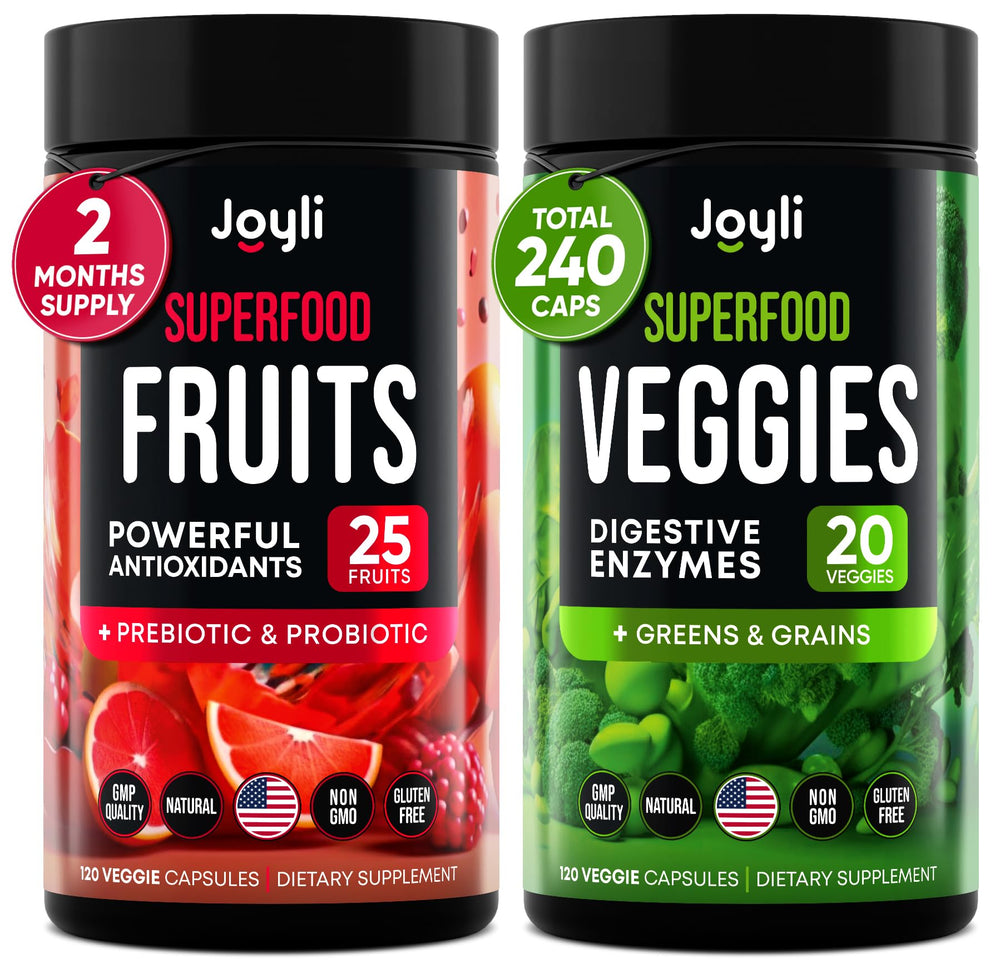 Front packaging of Fruits and Veggies Supplement showing 45 wholefood fruits and vegetables
