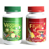 Bottle of Fruits and Veggies Supplements with 90 fruit capsules and 90 veggie capsules