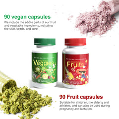 Assorted whole fruits and vegetables used in the supplement blend