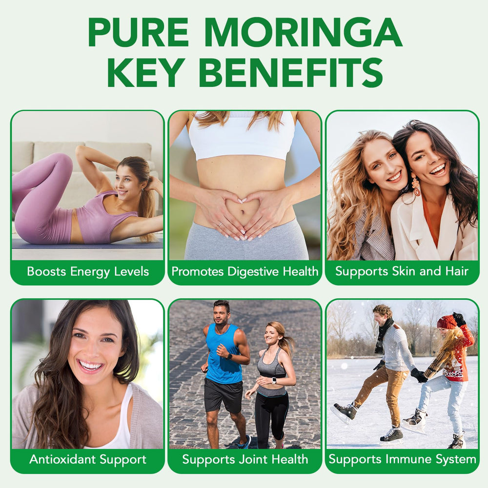 Fresh moringa leaves and supplement imagery