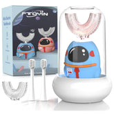 FTOYIN Kids Electric Toothbrush with U-shaped head and four brush heads on display