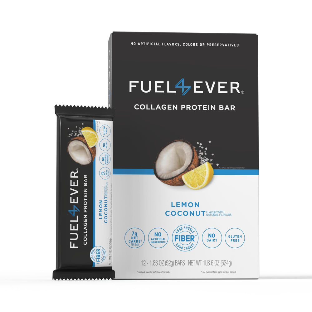 Fuel 4 Ever Lemon Coconut bar packaging highlights gluten-free, dairy-free ingredients for on-the-go.